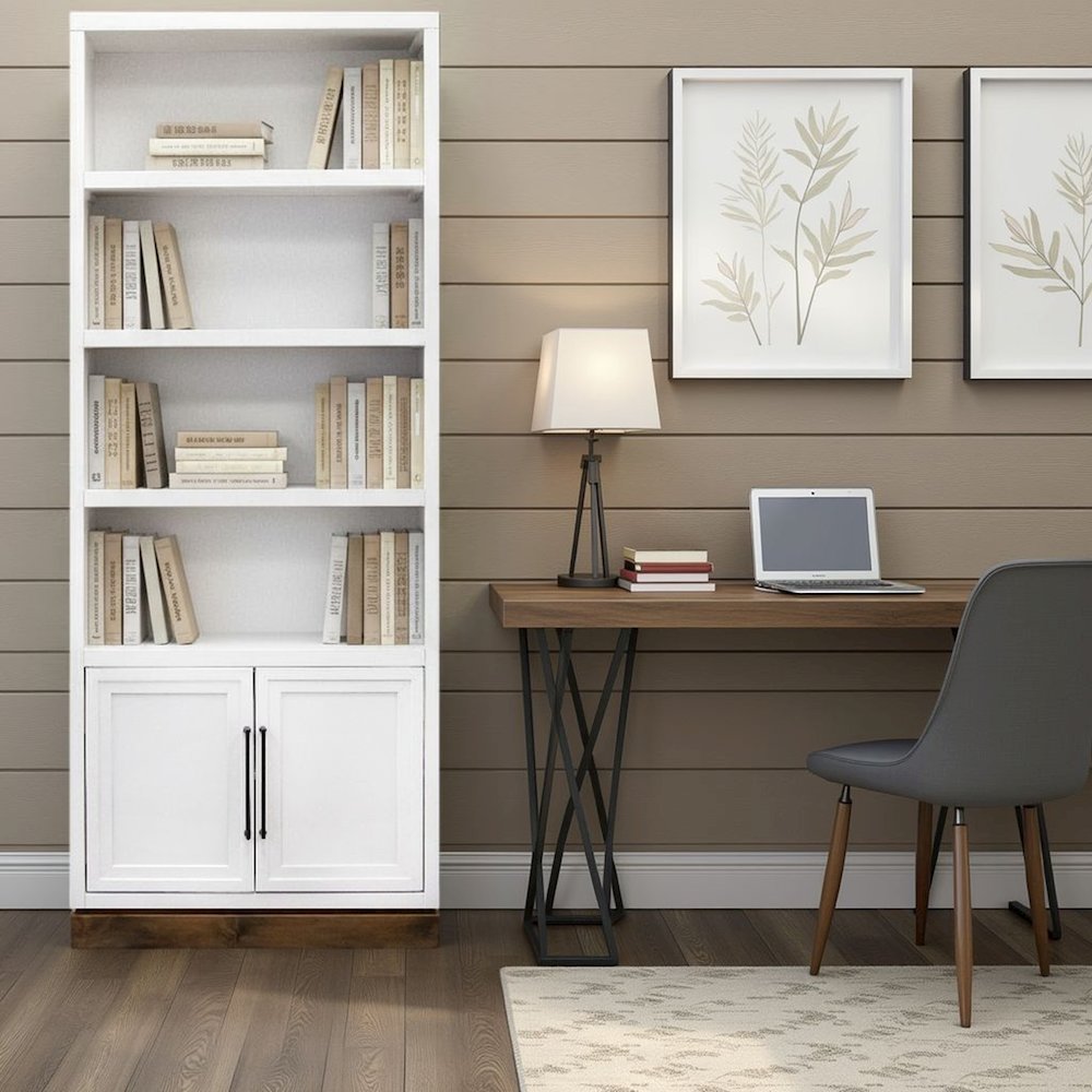 Nora 82 inch High Pier Bookcase, Jasmine White and Barnwood Finish