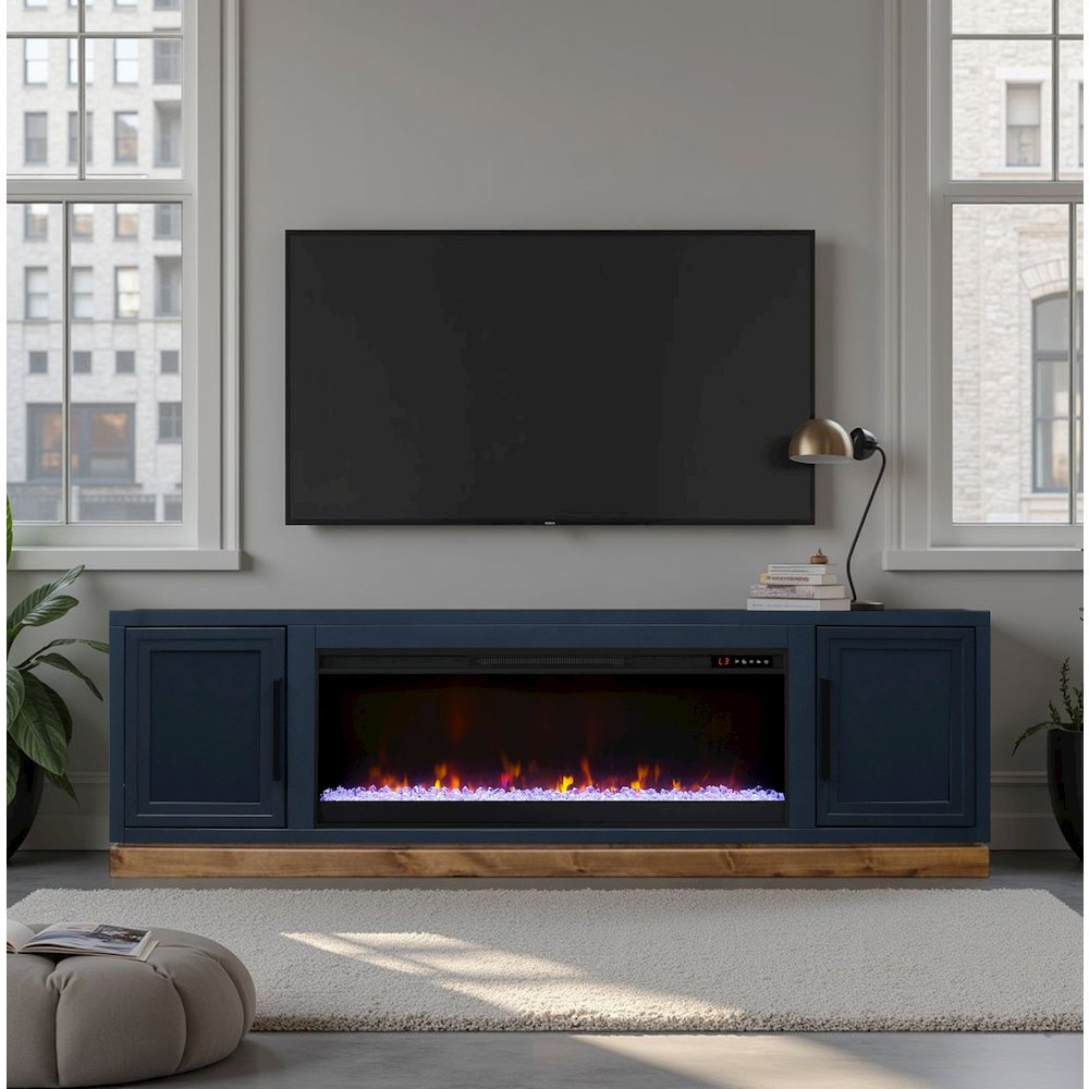 Nora 81in Fireplace TV Stand, for TVs up to 90in, Blue Denim and Whiskey Finish