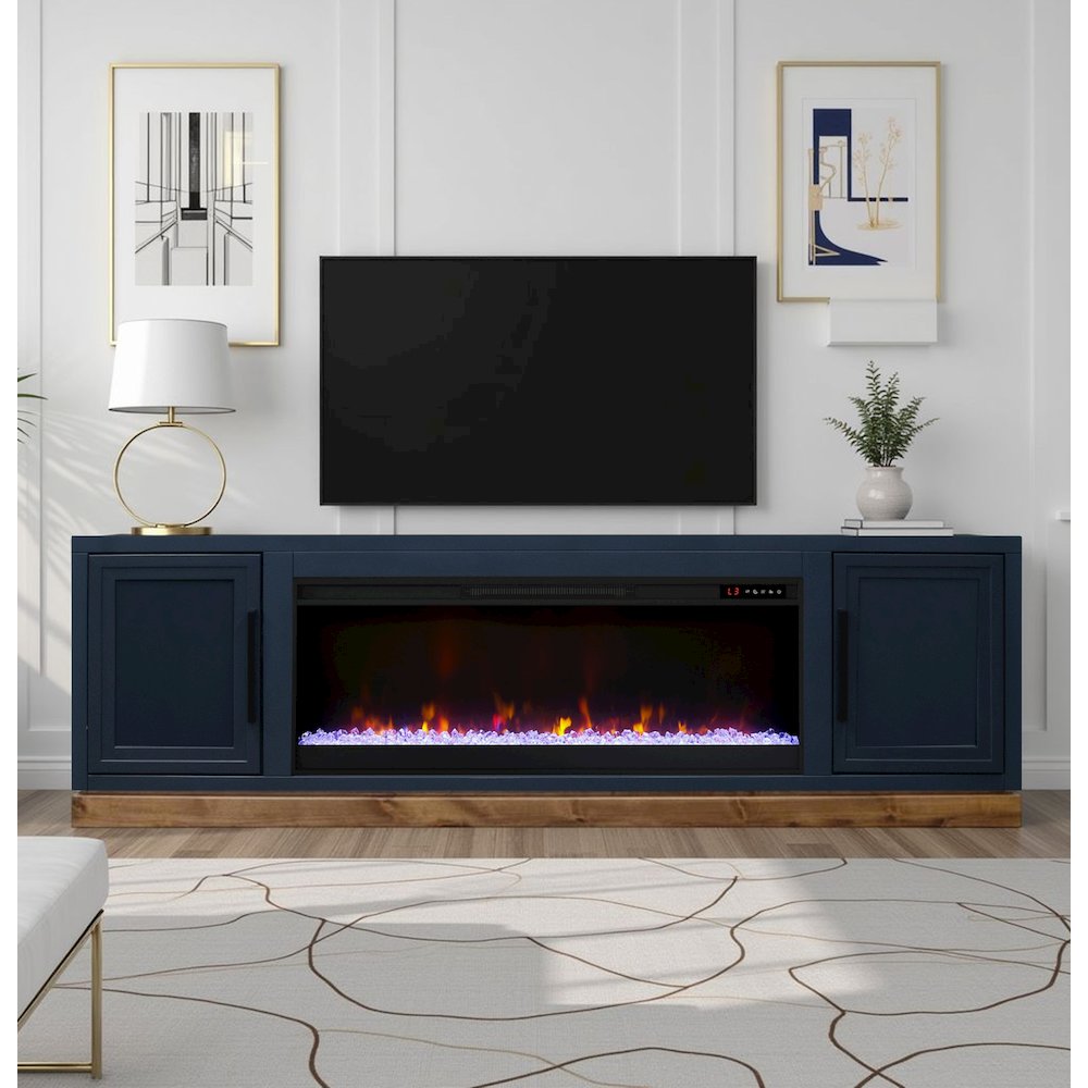 Nora 81in Fireplace TV Stand, for TVs up to 90in, Blue Denim and Whiskey Finish