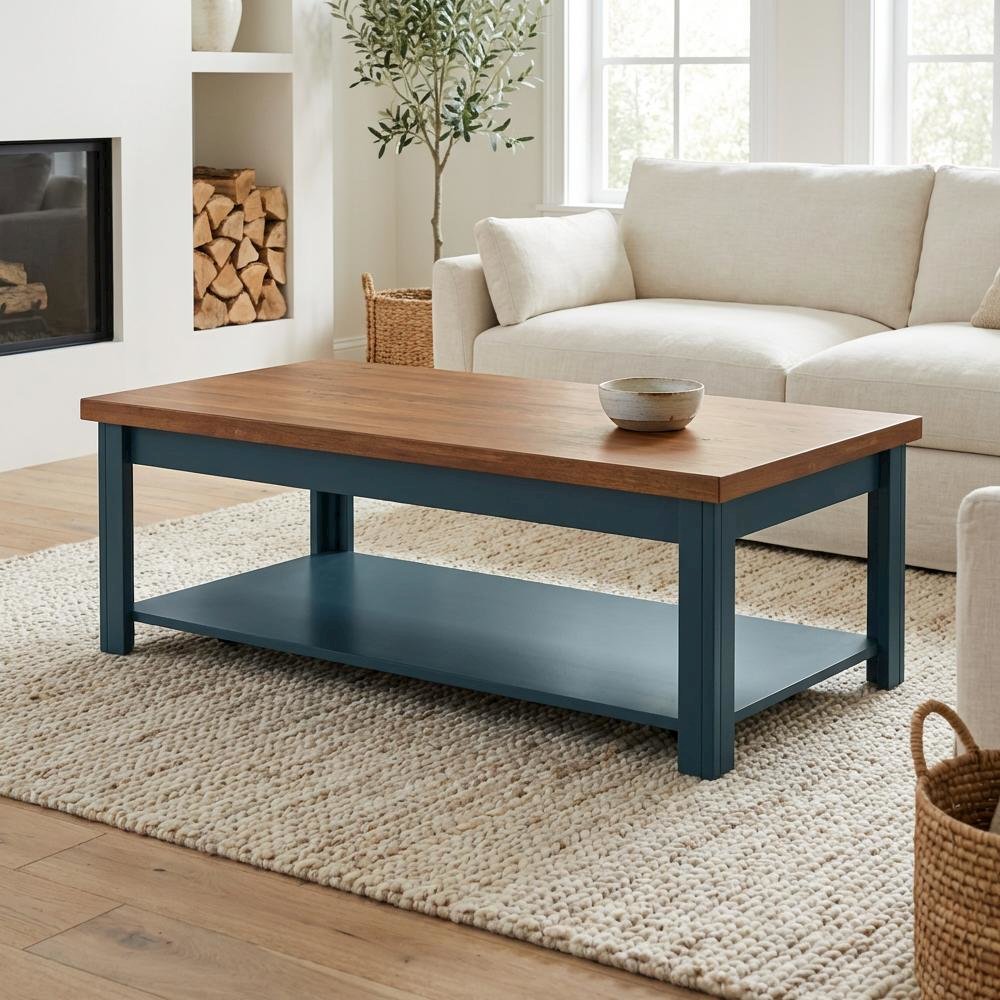 Blue and Brown Open Storage Coffee Table with Wood Veneer Surface
