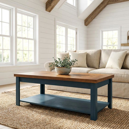 Blue and Brown Open Storage Coffee Table with Wood Veneer Surface