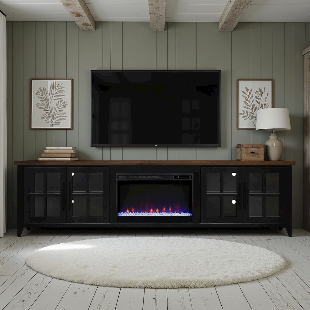 96 inch Fireplace TV Stand, For TVs up to 100 inches, Black and Bourbon Finish