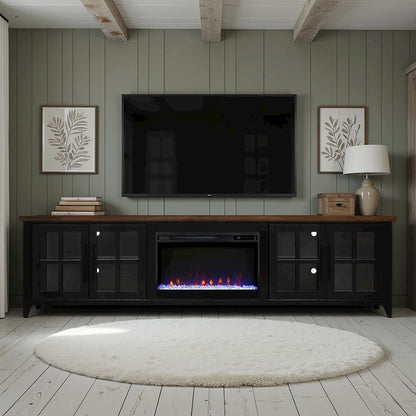 96 inch Fireplace TV Stand, For TVs up to 100 inches, Black and Bourbon Finish