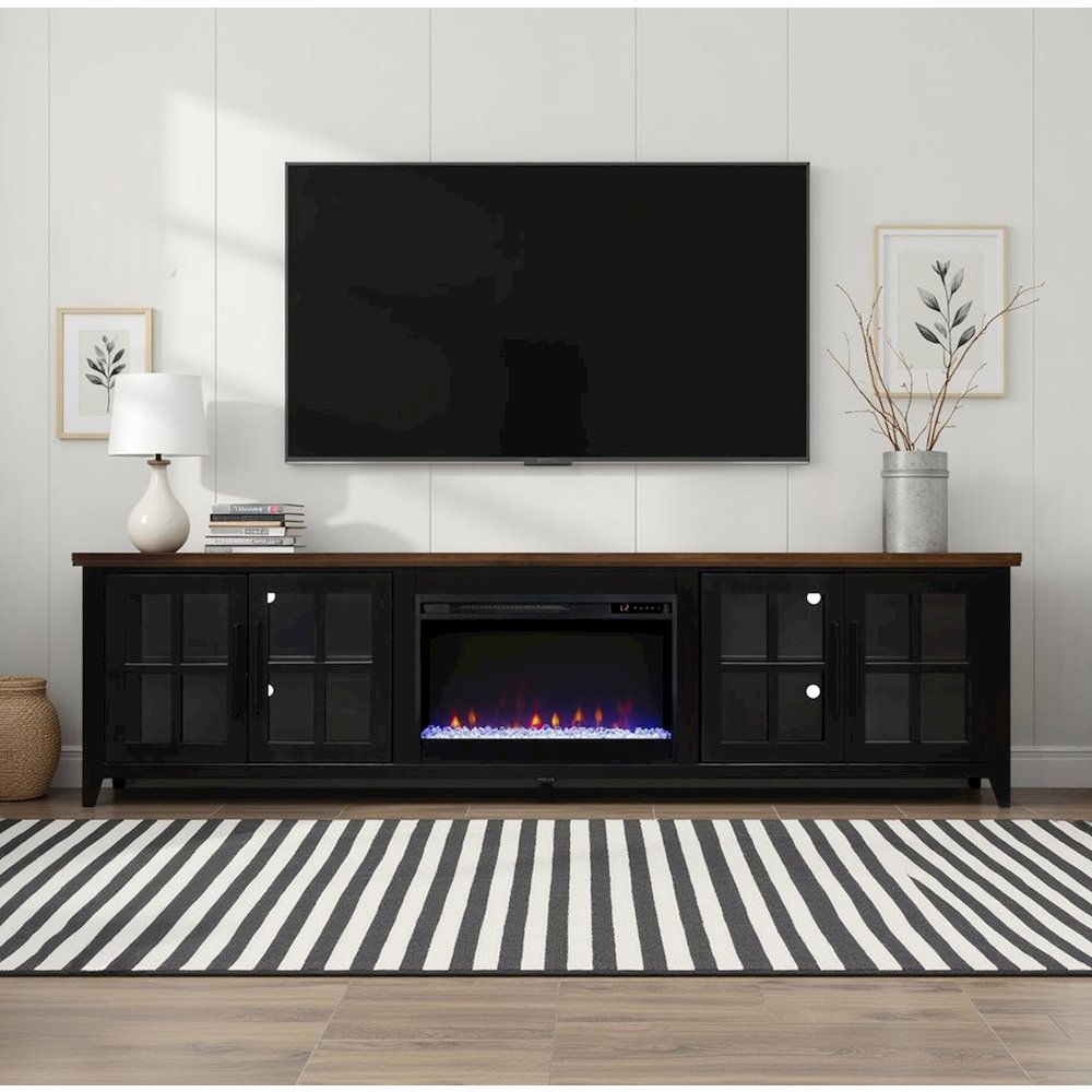 96 inch Fireplace TV Stand, For TVs up to 100 inches, Black and Bourbon Finish