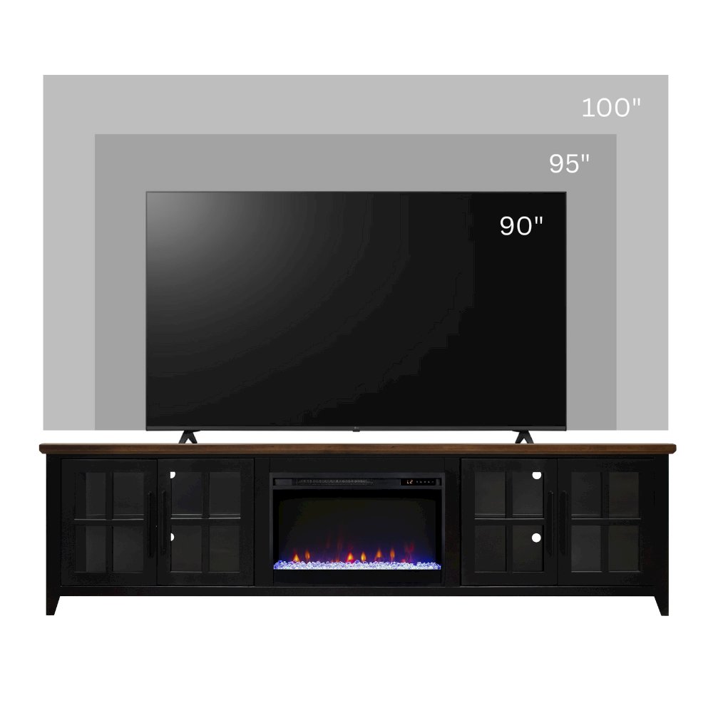 96 inch Fireplace TV Stand, For TVs up to 100 inches, Black and Bourbon Finish