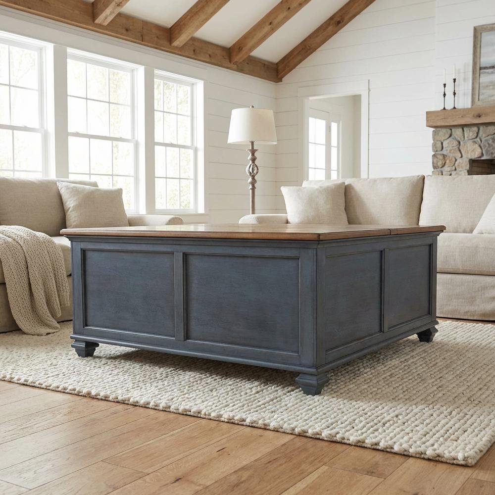 Blue Lift-Top Coffee Table with Solid and Veneer Construction Square Design
