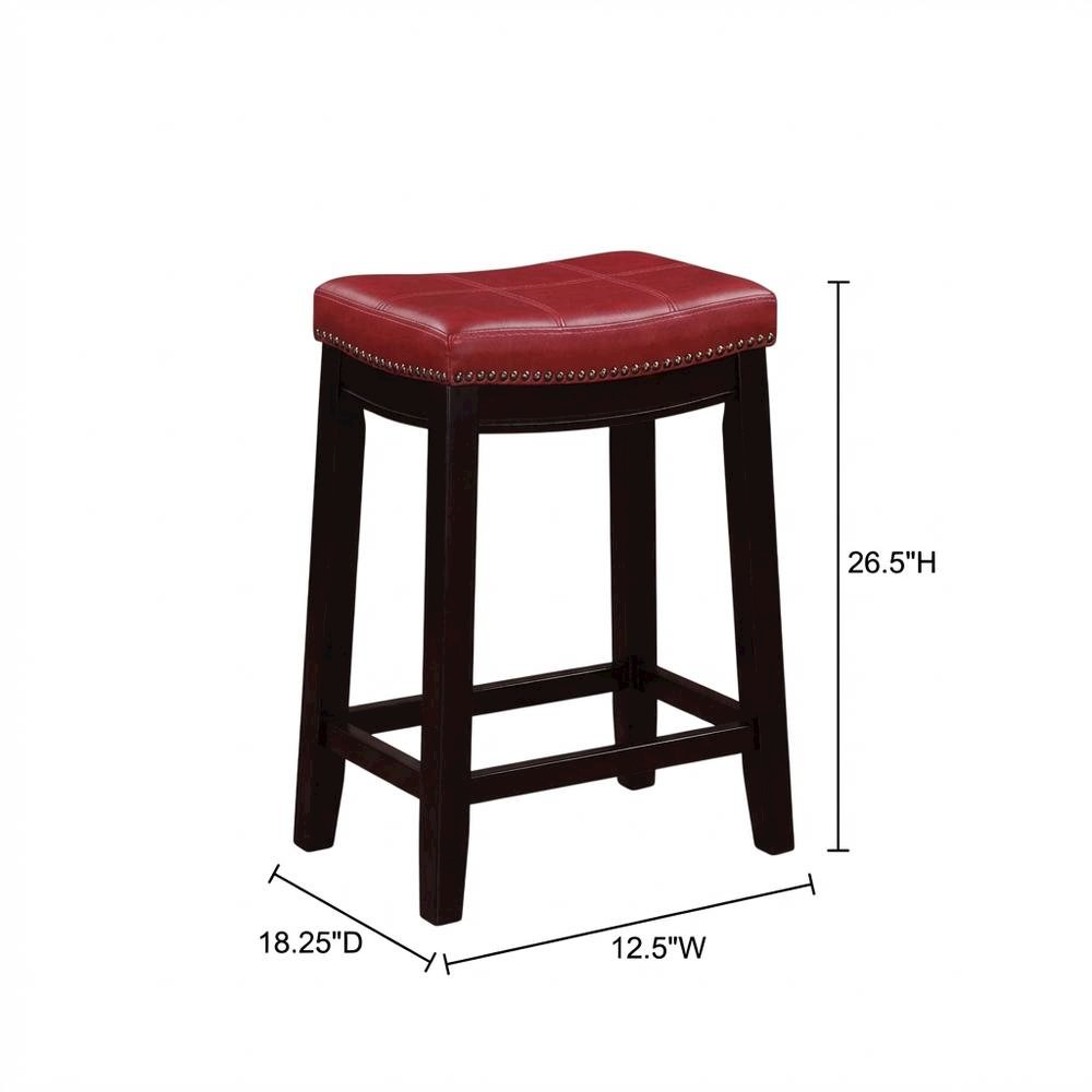 Red counter stool with rubberwood frame and cushioned faux leather seat