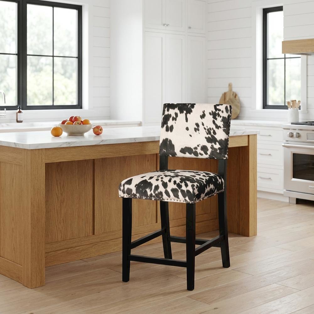 Black Cow Print Counter Stool with Foam Cushioned Seat and Wooden Frame