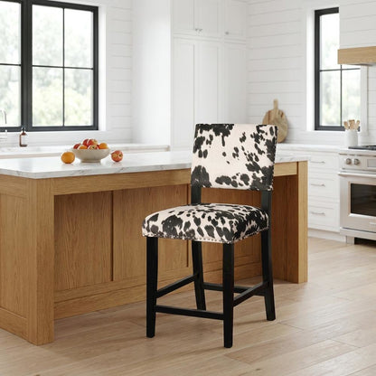 Black Cow Print Counter Stool with Foam Cushioned Seat and Wooden Frame