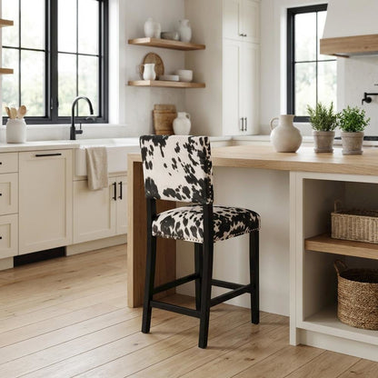 Black Cow Print Counter Stool with Foam Cushioned Seat and Wooden Frame