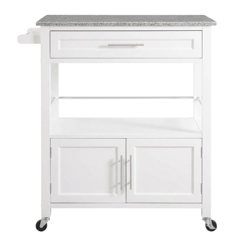 White Kitchen Cart with Granite Top and Timber Construction for Food Prep