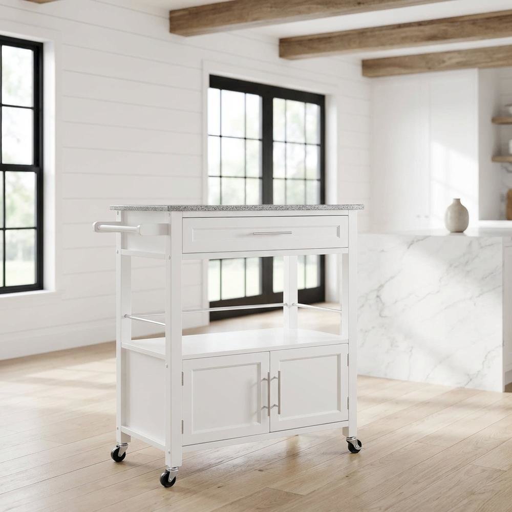 White Kitchen Cart with Granite Top and Timber Construction for Food Prep