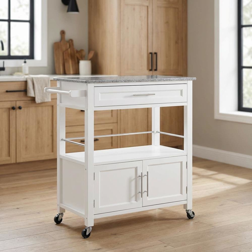 White Kitchen Cart with Granite Top and Timber Construction for Food Prep