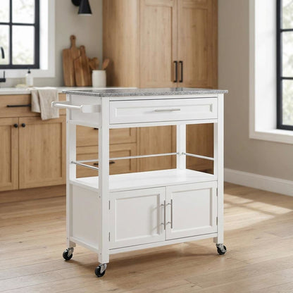 White Kitchen Cart with Granite Top and Timber Construction for Food Prep