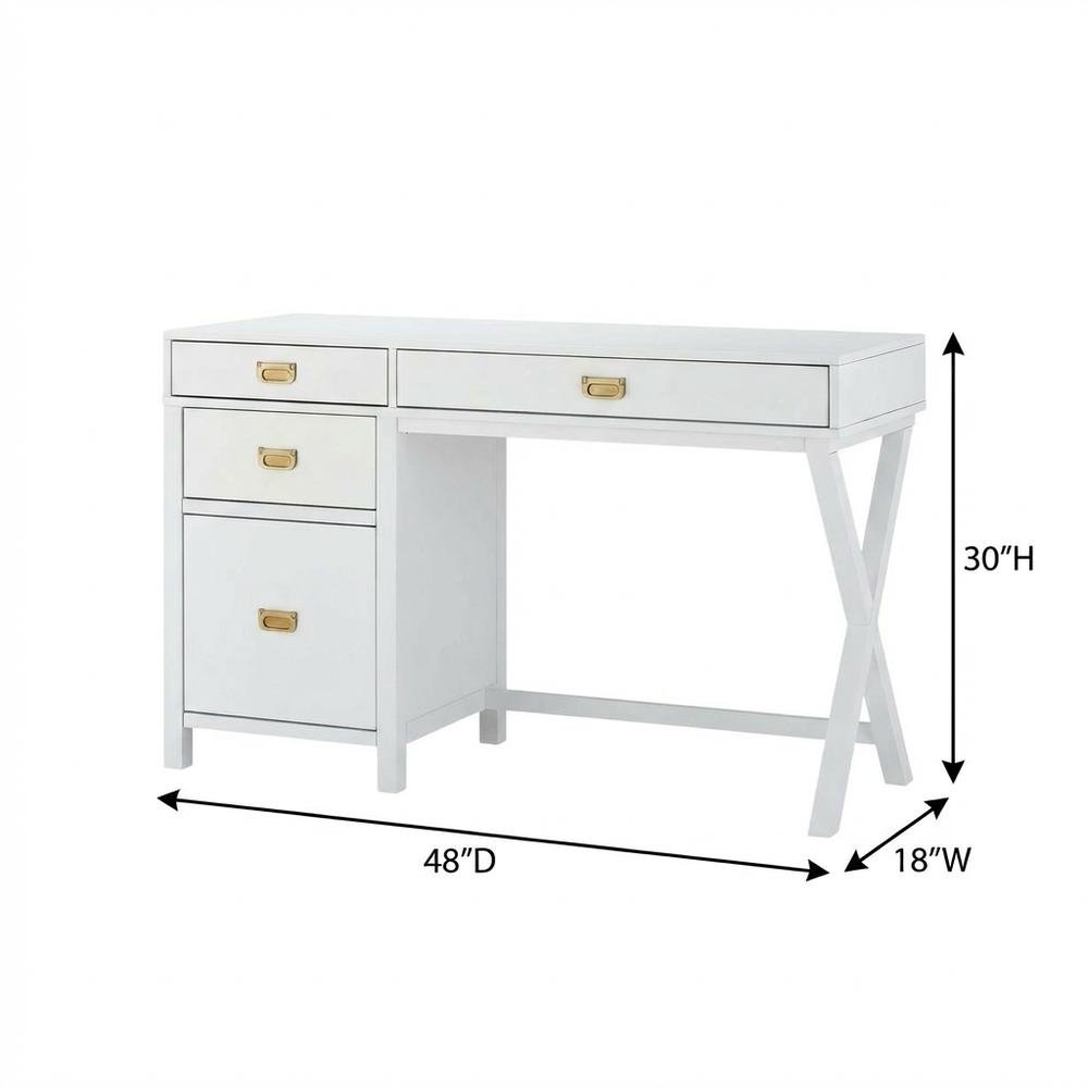 White side storage desk - metal hardware, durable MDF, rubberwood construction