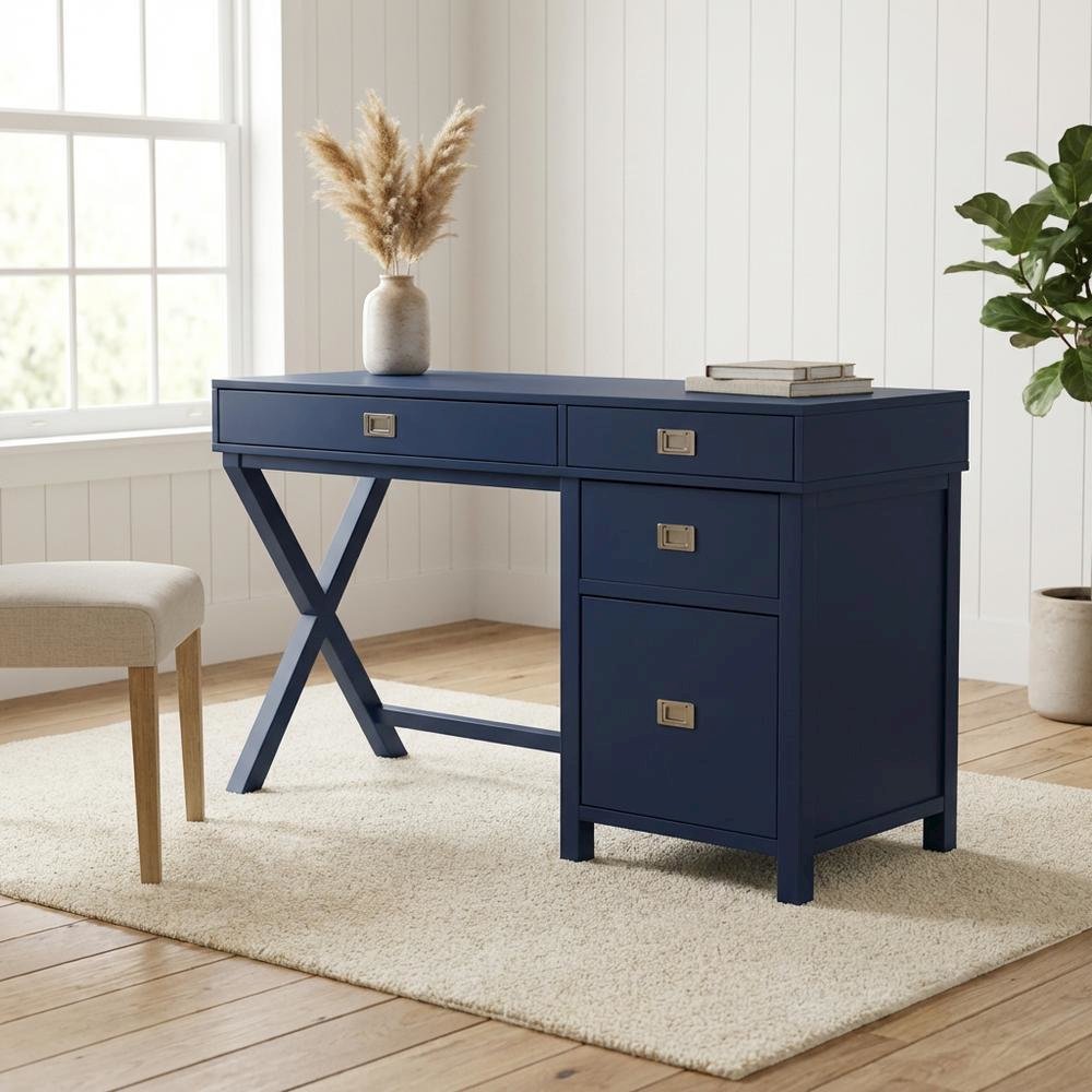 Navy Side Storage Desk with Mdf, Rubberwood, Metal Hardware for Office Use