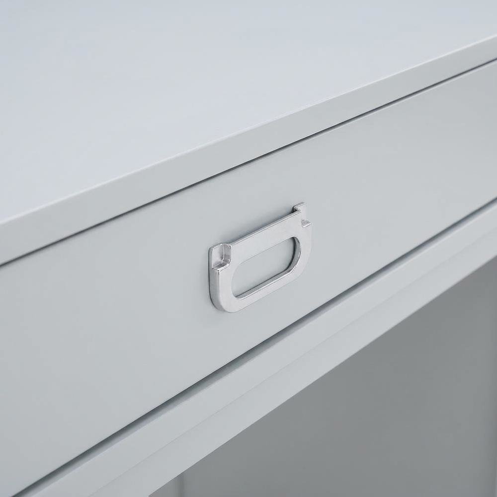 Gray wood and metal roll-top desk with storage compartments for home office use