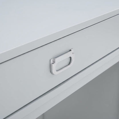 Gray wood and metal roll-top desk with storage compartments for home office use