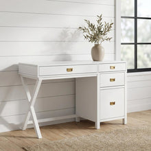 White side storage desk - metal hardware, durable MDF, rubberwood construction