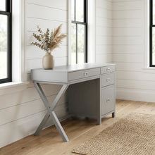Gray wood and metal roll-top desk with storage compartments for home office use