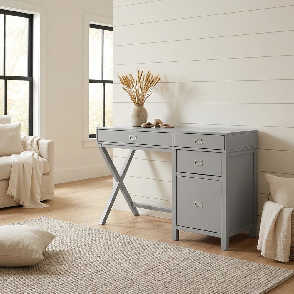 Gray wood and metal roll-top desk with storage compartments for home office use