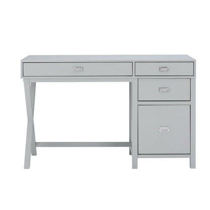Gray wood and metal roll-top desk with storage compartments for home office use
