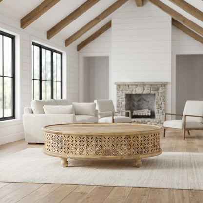 Natural Mango Wood Oval Coffee Table with Stained Finish