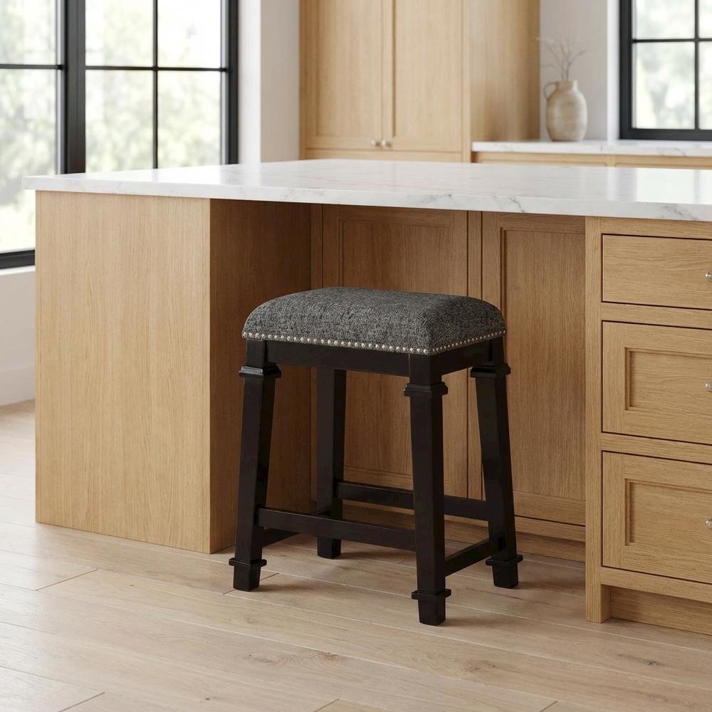 Black and White Tweed Backless Counter Stool with Wood Frame and Foam Seat