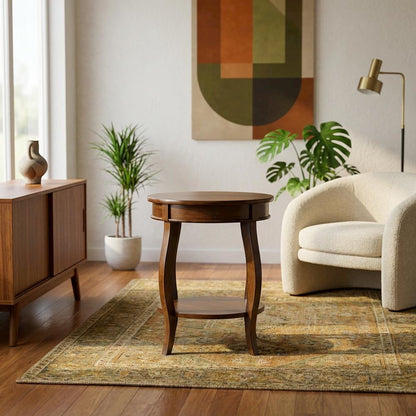 Hazelnut Round Accent Table with Shelf for Living Room or Bedroom