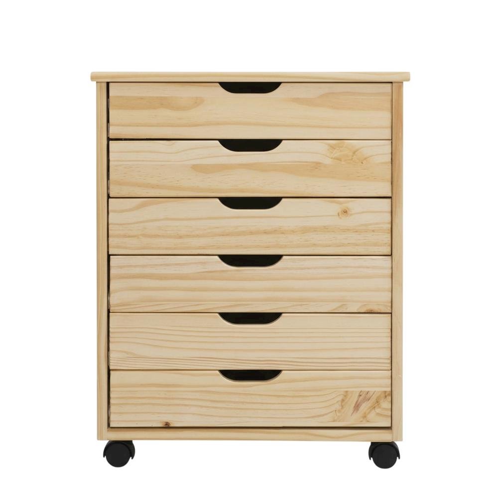 Natural wood dresser cart with six drawers and durable solid pine construction