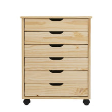 Natural wood dresser cart with six drawers and durable solid pine construction