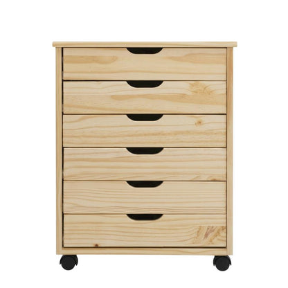 Natural wood dresser cart with six drawers and durable solid pine construction