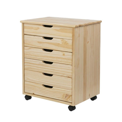 Natural wood dresser cart with six drawers and durable solid pine construction