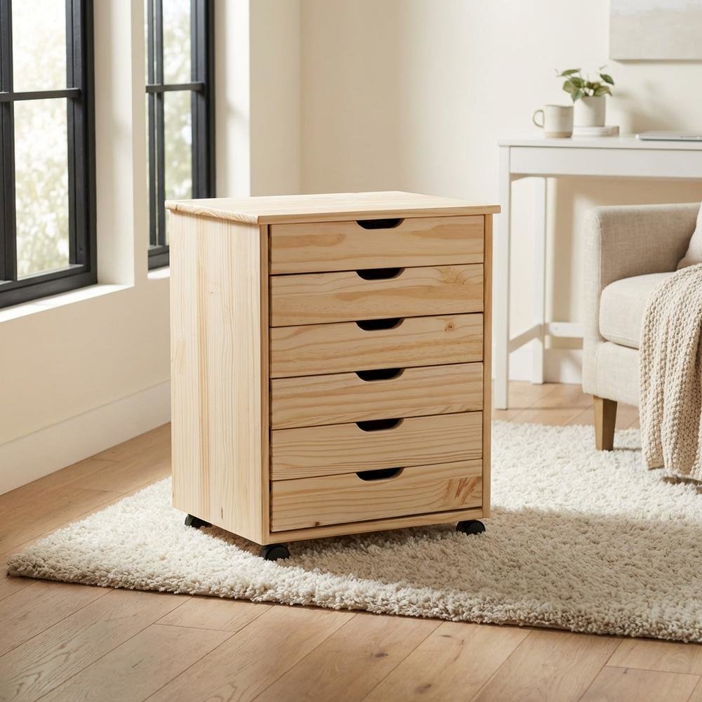 Natural wood dresser cart with six drawers and durable solid pine construction