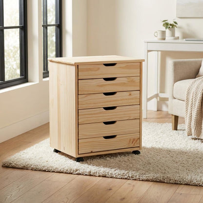 Natural wood dresser cart with six drawers and durable solid pine construction
