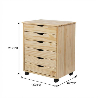 Natural wood dresser cart with six drawers and durable solid pine construction