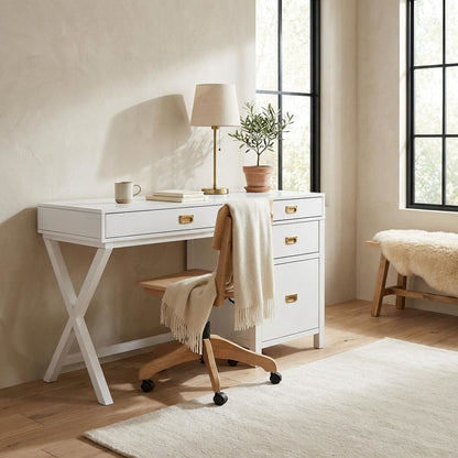White side storage desk - metal hardware, durable MDF, rubberwood construction