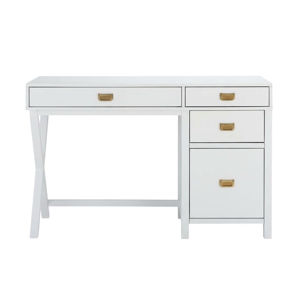 White side storage desk - metal hardware, durable MDF, rubberwood construction