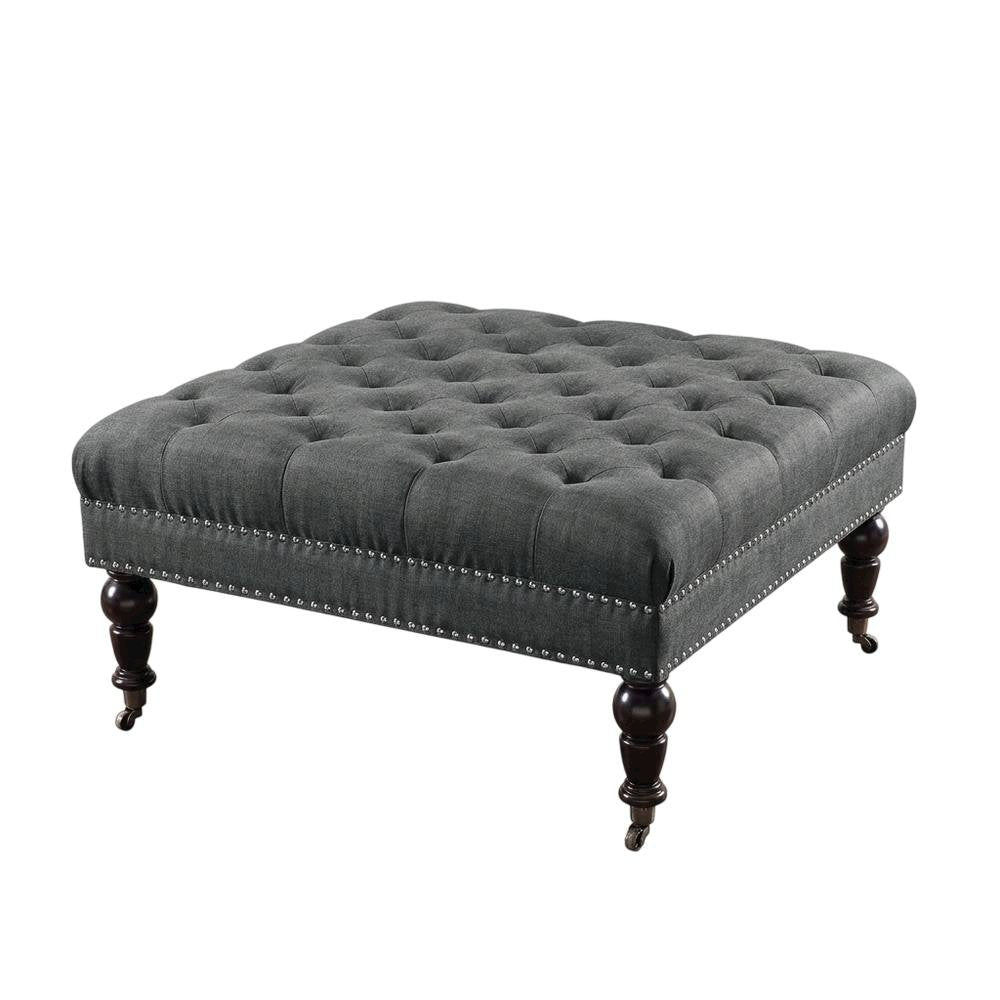 Charcoal Square Tufted Ottoman with Fabric Upholstery and Metal Casters