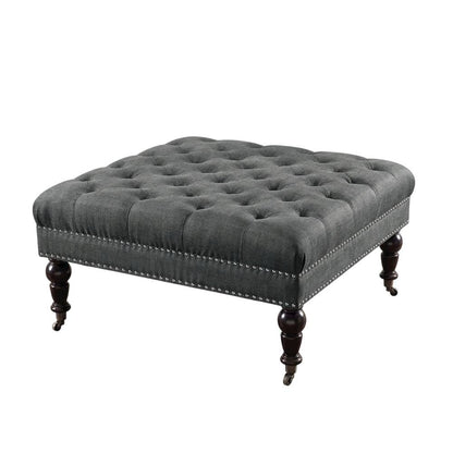 Charcoal Square Tufted Ottoman with Fabric Upholstery and Metal Casters