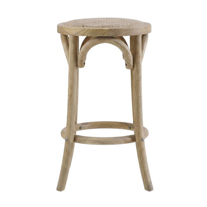 Elm Wood Counter Stool with Rattan Seat Backless Design, Brown Finish