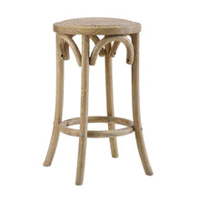 Elm Wood Counter Stool with Rattan Seat Backless Design, Brown Finish