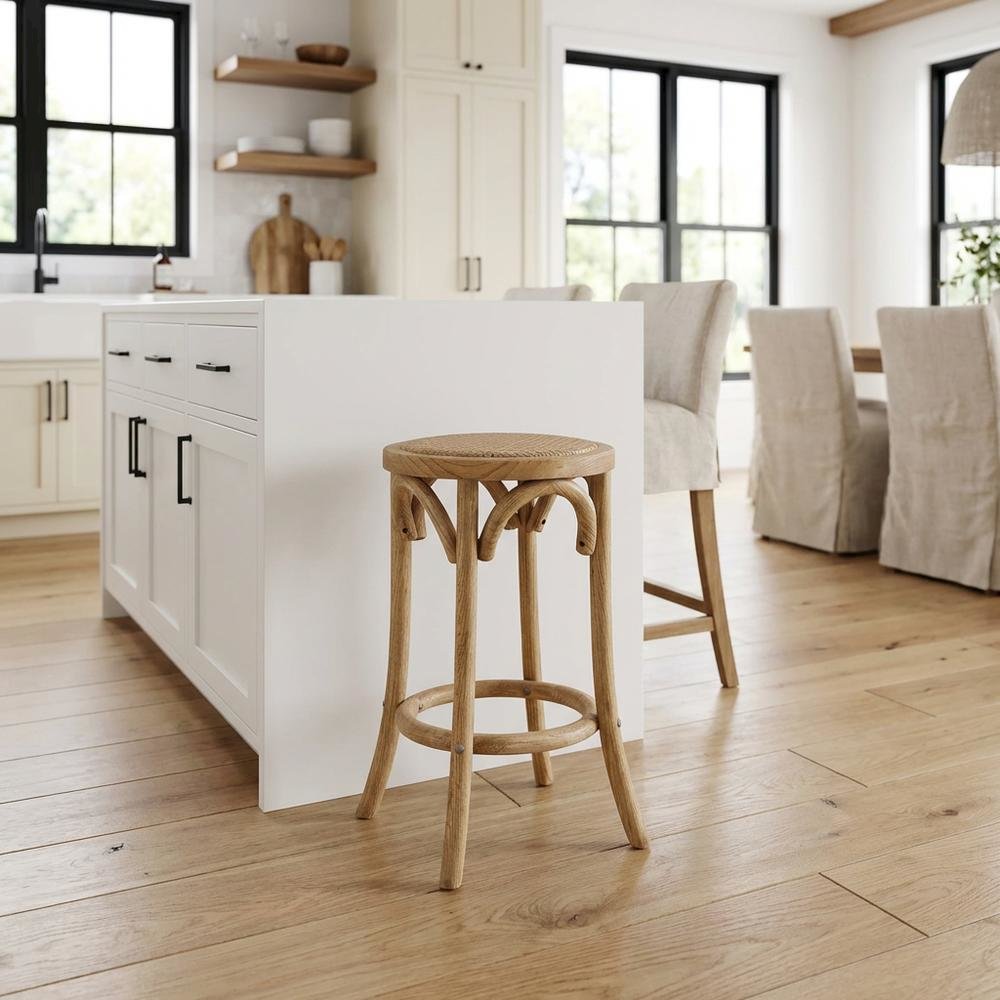 Elm Wood Counter Stool with Rattan Seat Backless Design, Brown Finish