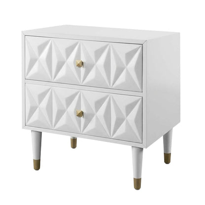 White nightstand with geometric textured surface and versatile storage