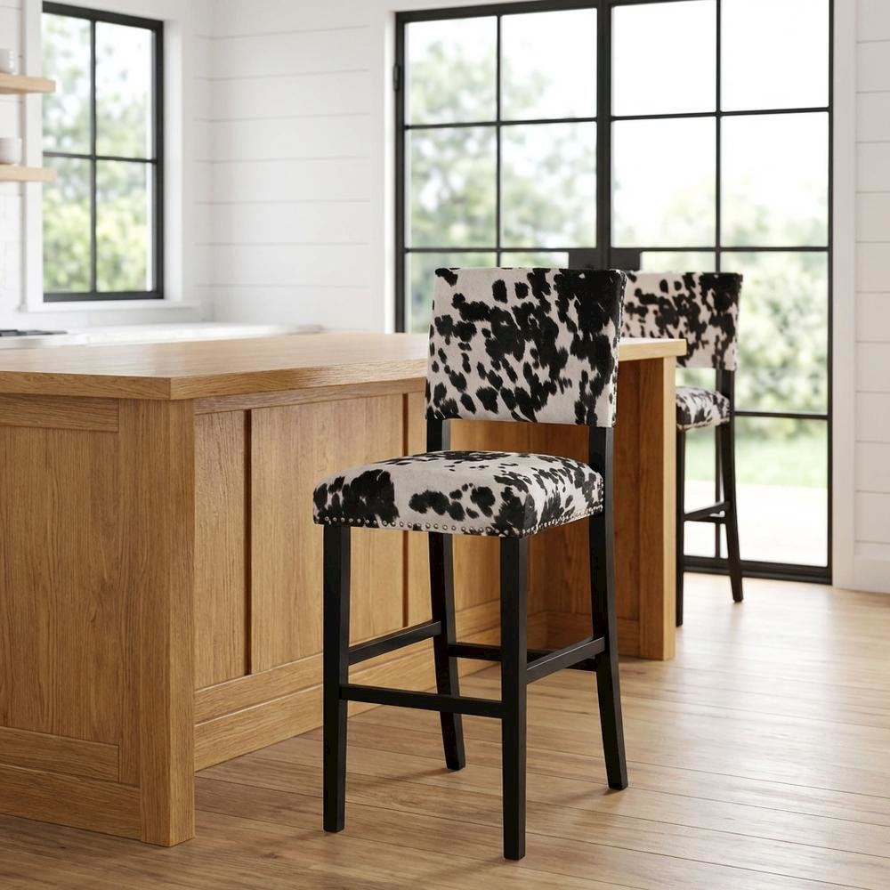 Black Cow Print Bar Stool with Foam Cushion and Hardwood Frame