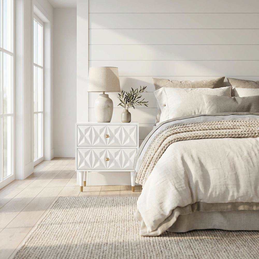 White nightstand with geometric textured surface and versatile storage
