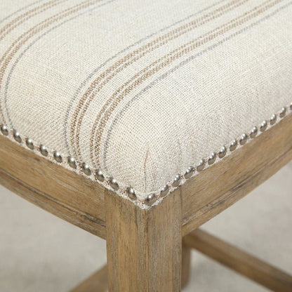 Rustic Stripe Counter Stool with Linen Weave Fabric and Metal Nail Heads