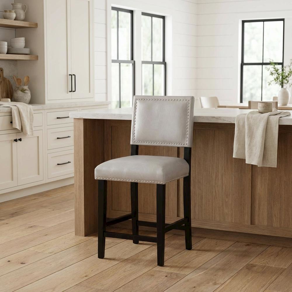 Gray Counter Stool with Solid Wood Frame and Comfortable Fabric Upholstery