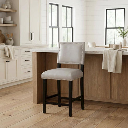 Gray Counter Stool with Solid Wood Frame and Comfortable Fabric Upholstery