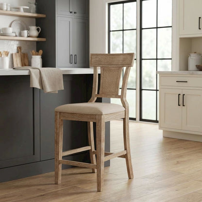 Brown Counter Stool with Solid Rubberwood Frame, Padded Seat & Linen Upholstery